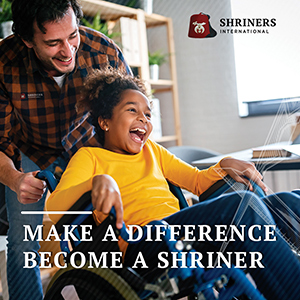 Make a difference, become a Shriner, man pushing child in wheelchair