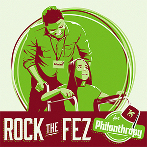 Rock the Fez for Philanthropy, graphic of man pushing child in wheelchair